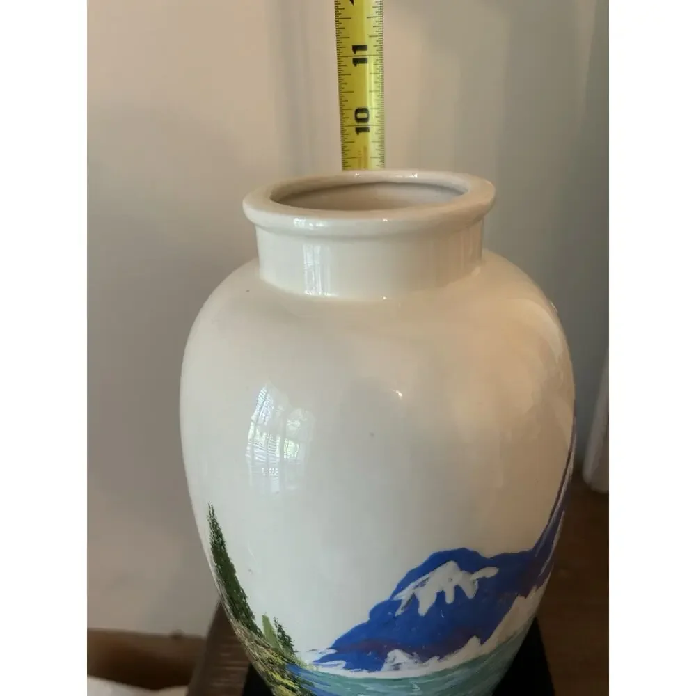 Vtg Hand-Painted Eggshell Porcelain 9.5” Vase Raised Mountain River Landscape